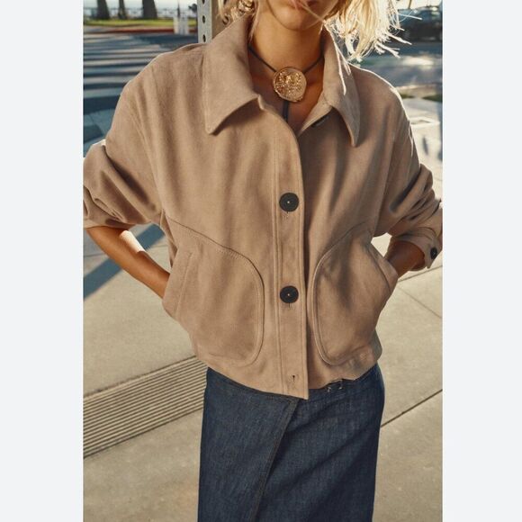 Zara Womens Leather Cropped Jacket M Medium Suede Beige Tan 4720/200 NWT - Picture 1 of 11